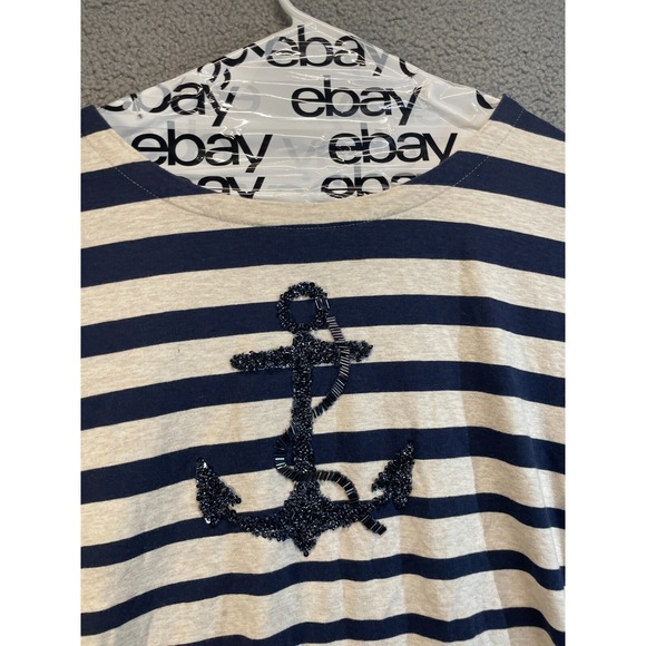 Coldwater‎ Creek Top Womens Size XL  Striped Blue Beige Beaded Anchor - Picture 2 of 6
